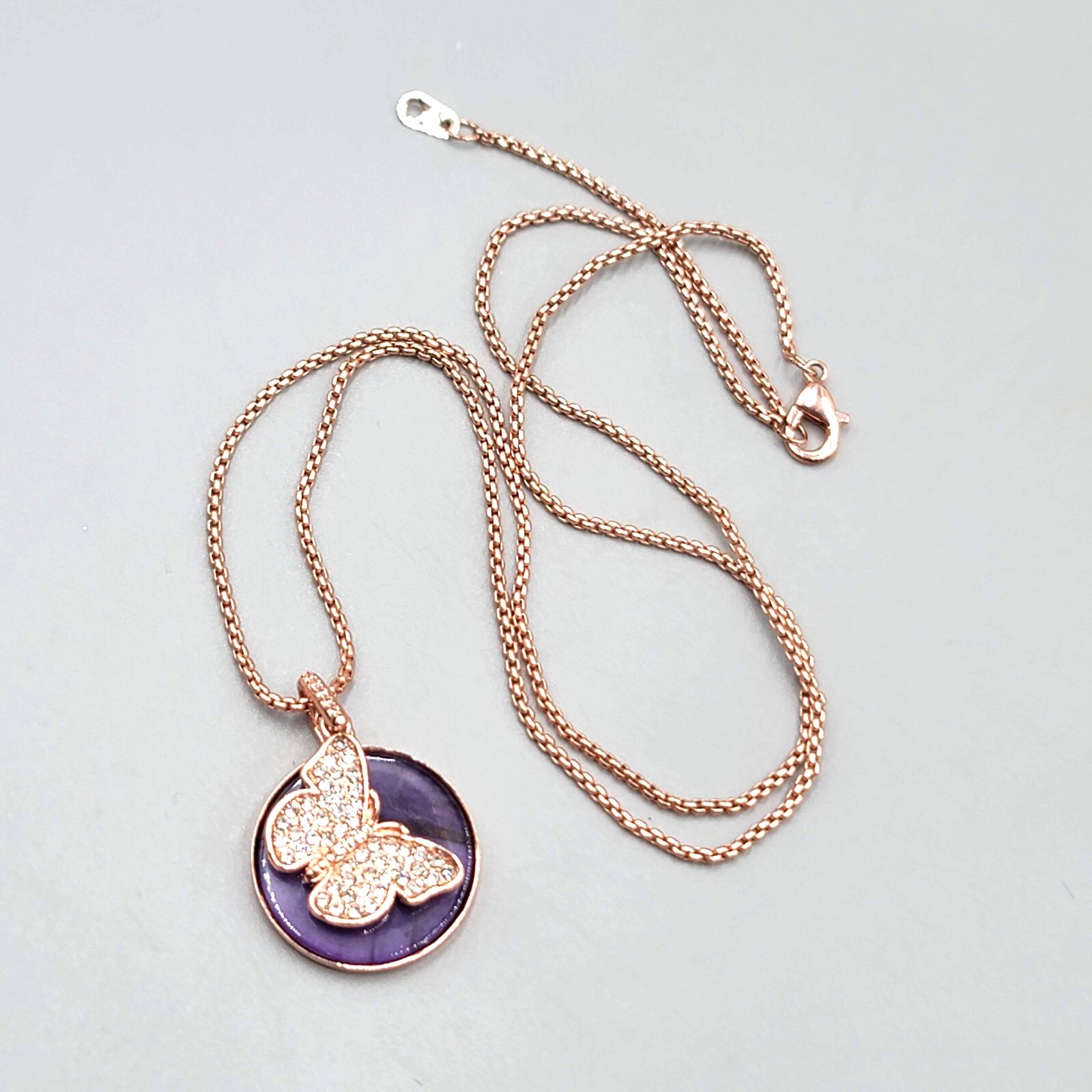 LA CN Rose Goldtone Necklace Purple Glass Crystal FEARLESS Butterfly Pendant 18"