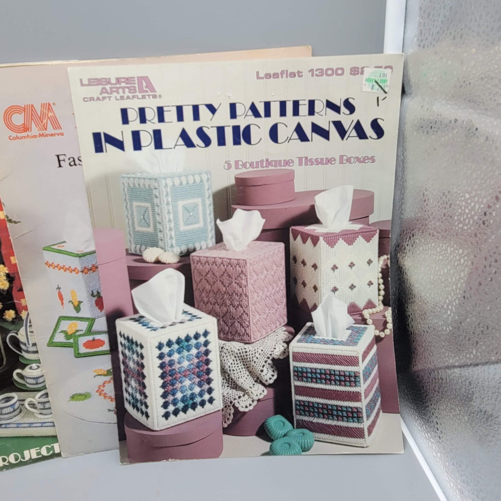 Vintage Plastic Canvas Pattern Book Lot Tissue Box Kitchen Basket Tote 80s Craft