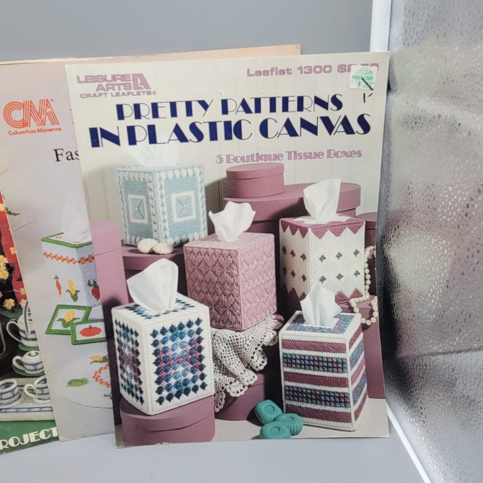 Vintage Plastic Canvas Pattern Book Lot Tissue Box Kitchen Basket Tote 80s Craft