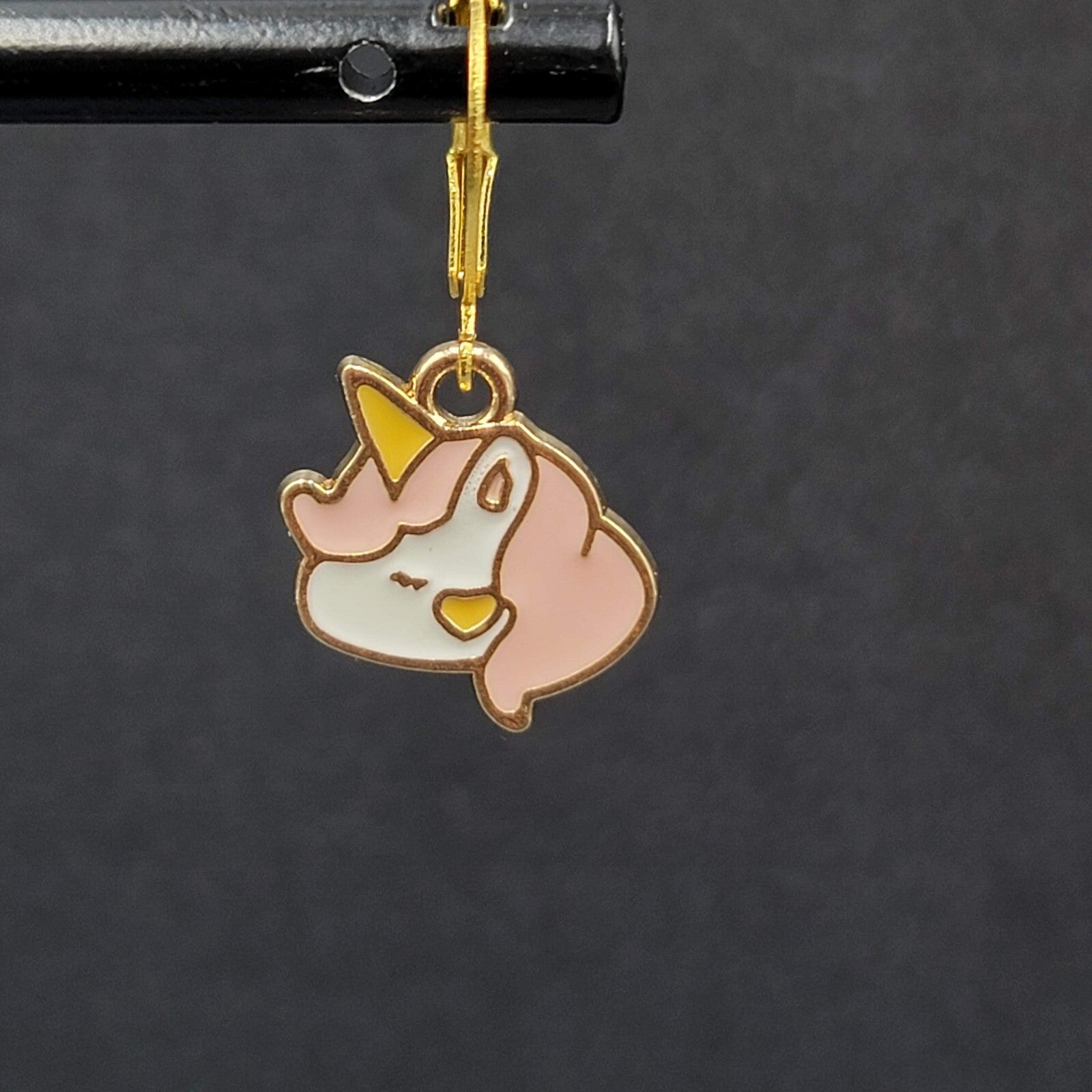 New Unicorn Pierced Earrings Gold tone Pink Enamel Dangle 5/8"
