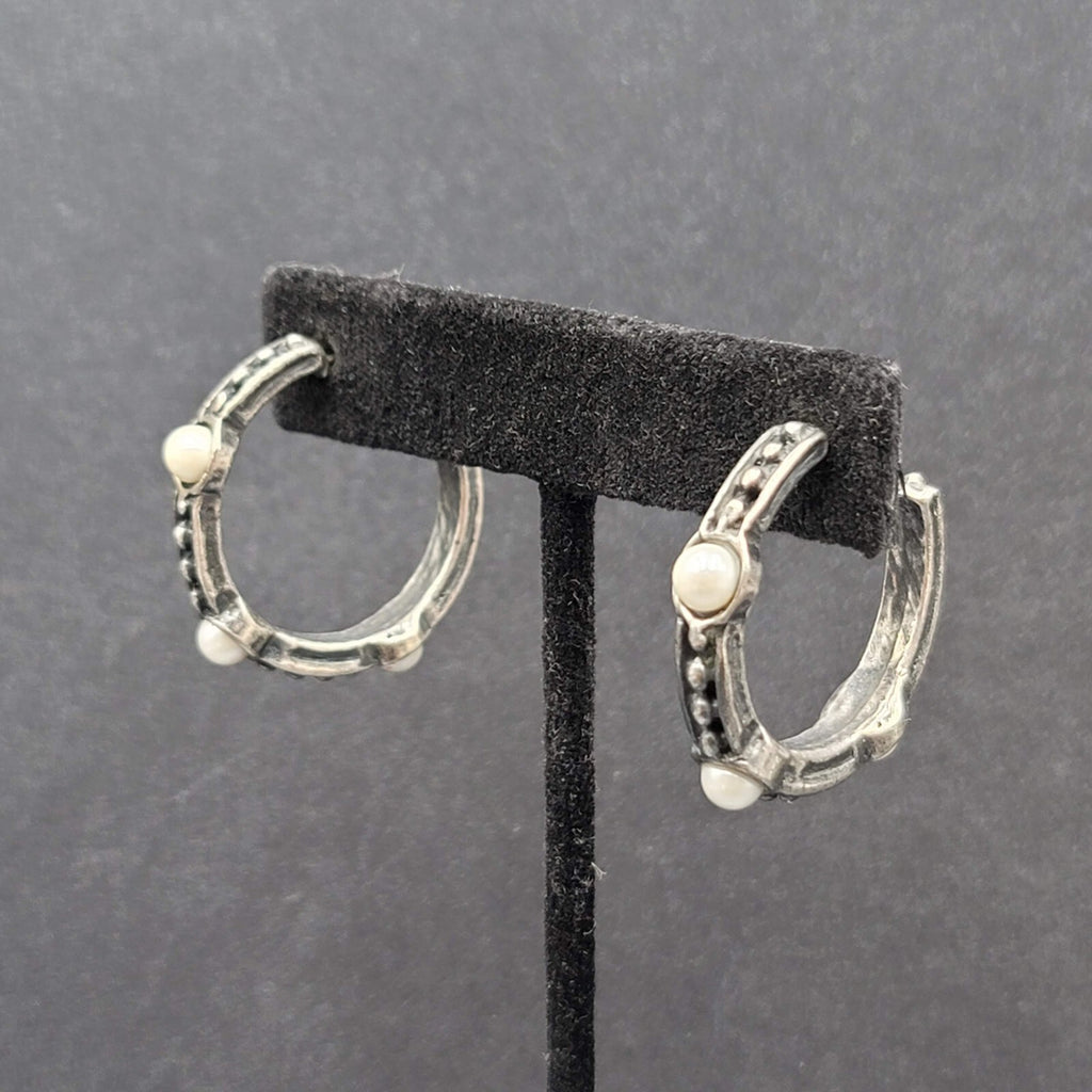 Pierced Earrings Silver tone Faux Pearl Hoops  1.25"