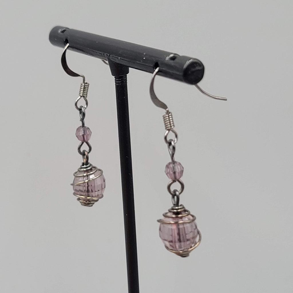 Purple Caged Bead Pierced Earrings Black Metal Dangle 1"