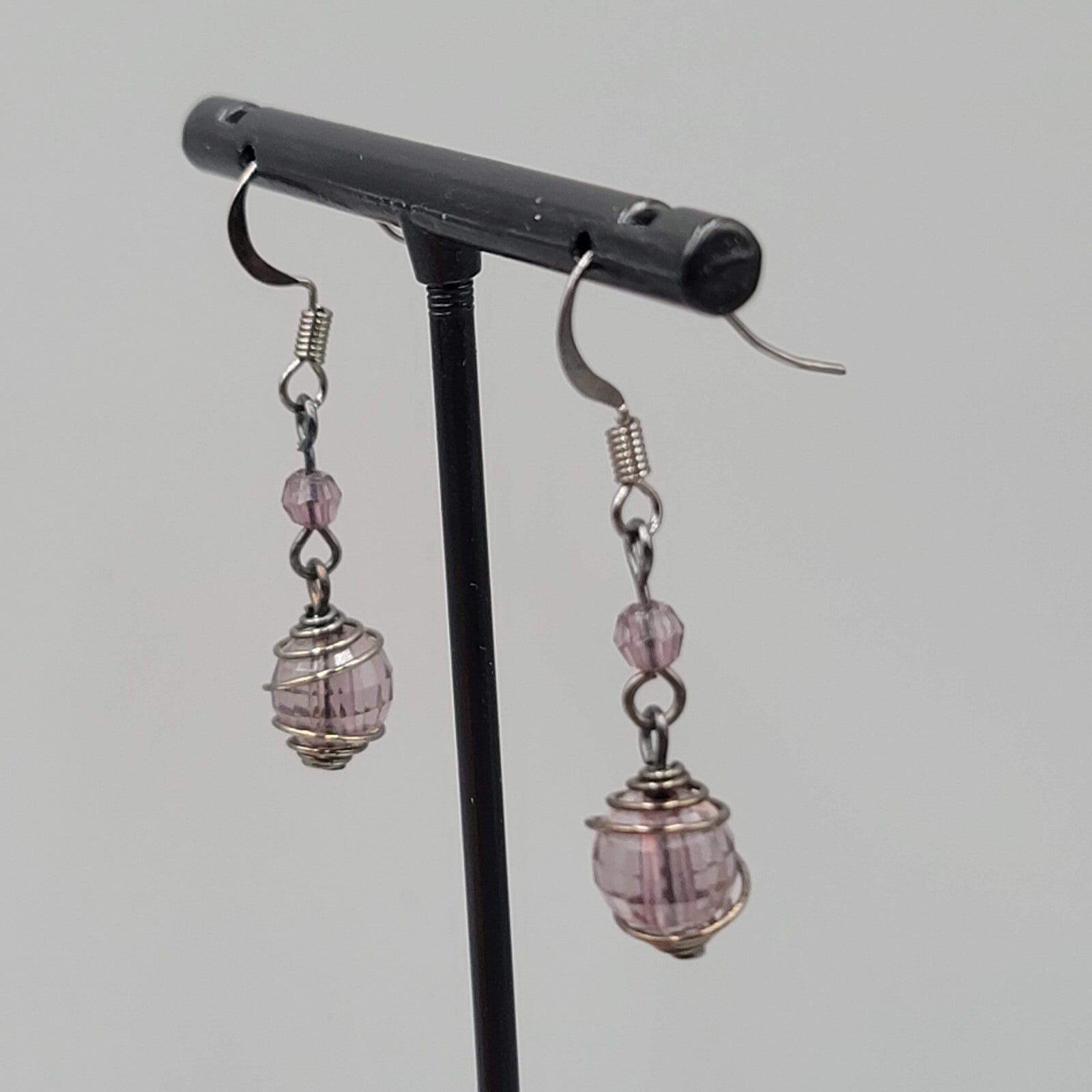 Purple Caged Bead Pierced Earrings Black Metal Dangle 1"
