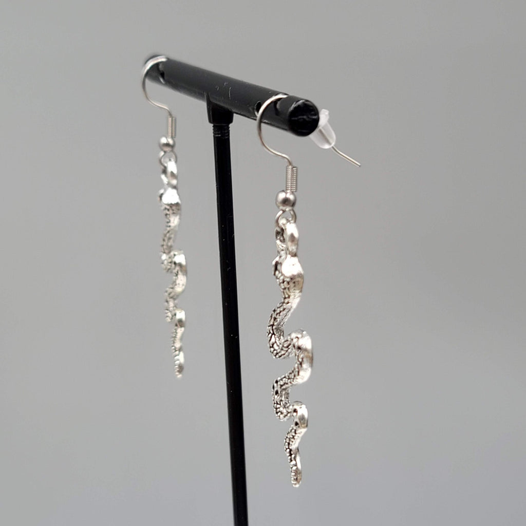 Snake Pierced Earrings Silver tone Embossed Dangle 1.5"