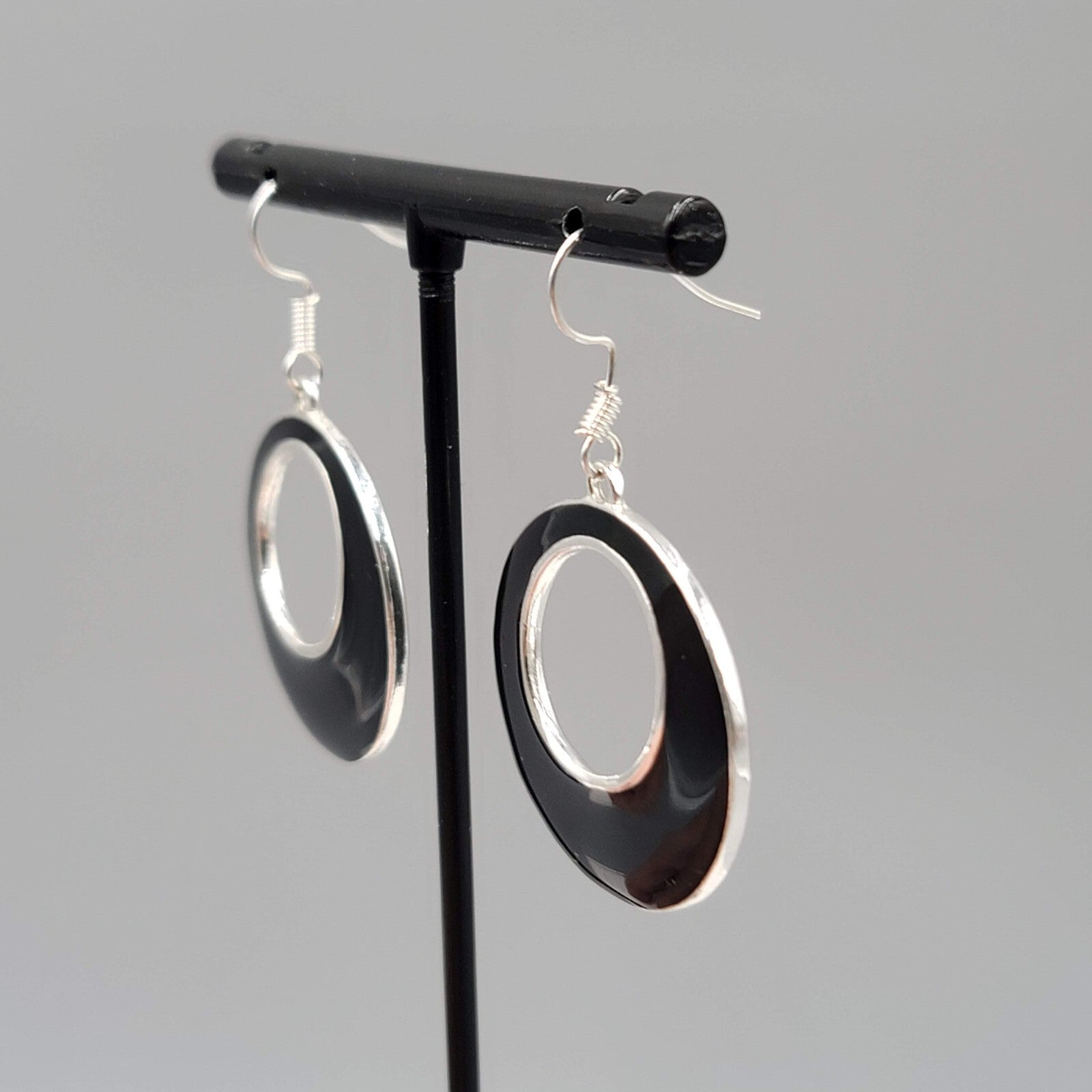 Open Circle Pierced Earrings Silver tone Black Enamel Dangle 1.25"