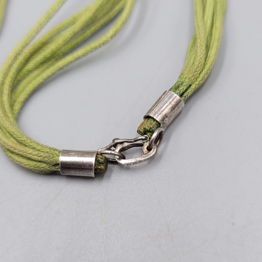 Hammered Square Sterling Silver Pendant Necklace Green Cord Chocker 14"