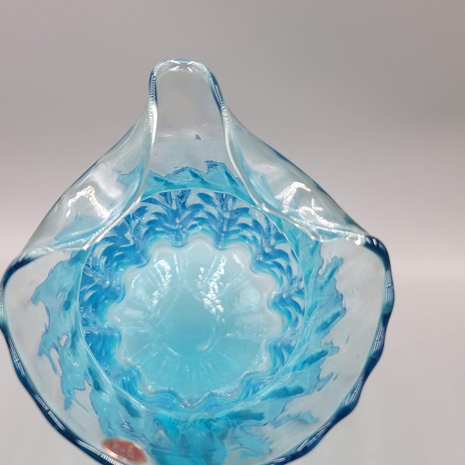 MCM Italian Empoli Ribbed Pillar Aqua Blue Art Glass Pitcher with Ice Lip 8"