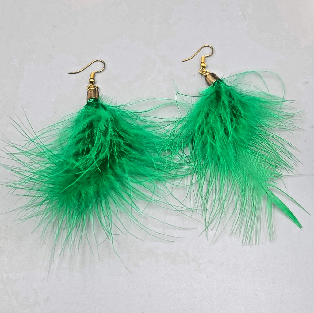 Real Bright Green Feather Pierced Earrings Large Statement Dangle 3.5 in