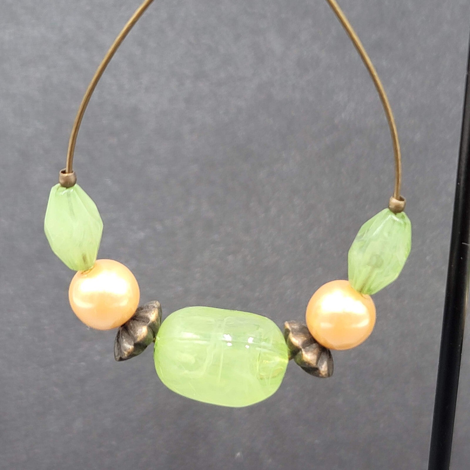 Pierced Earrings Green Bead Faux Pearl Hoops Dangle Statement 2.25"