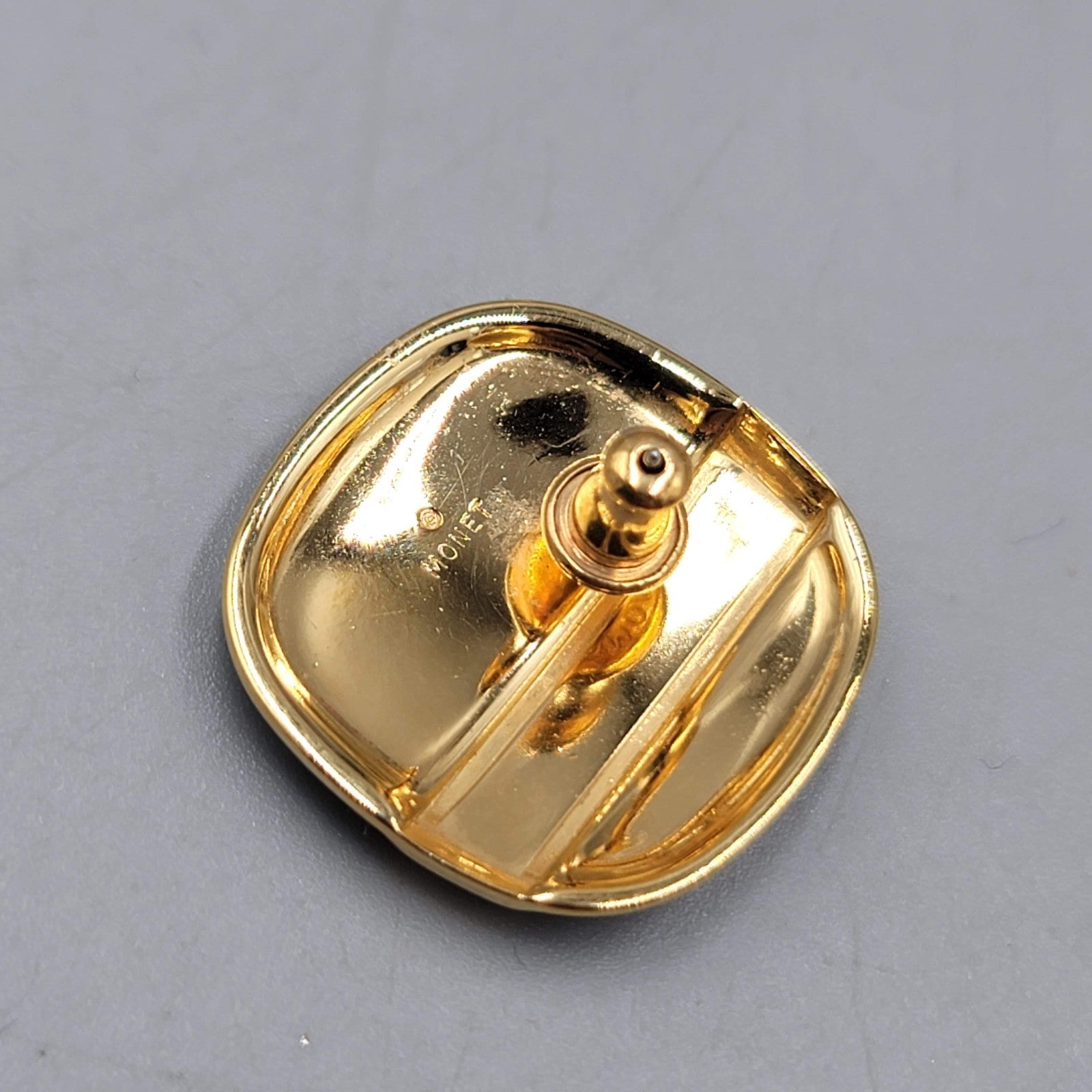 Vintage Monet Pierced Earrings Dark Navy Blue Enamel Gold Plated Square Drop 1"