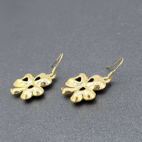 Clover Dangle Hook Dangle Pierced Earrings Jingle Bell Gold tone St Patricks Day