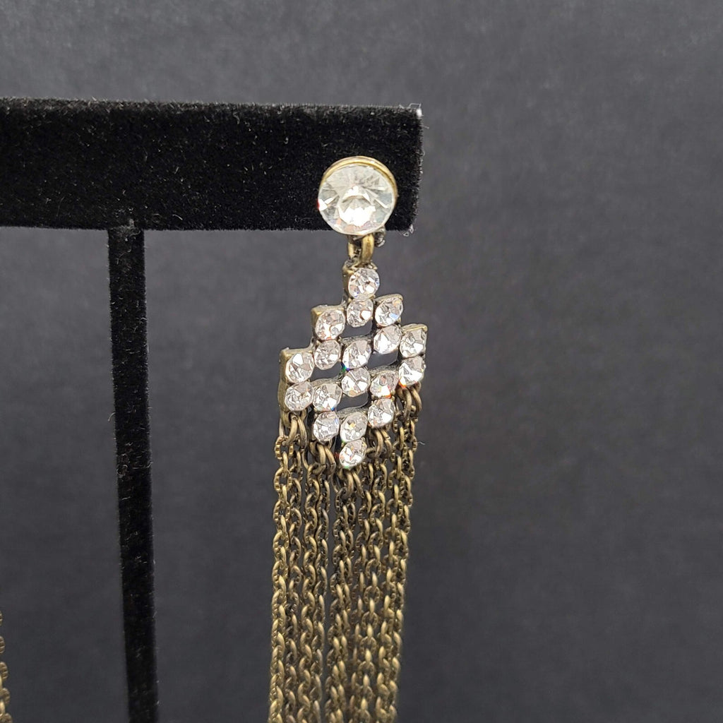Pierced Earrings Bronze tone Sparkle Rhinestone Chain Dangle Long 4.5"