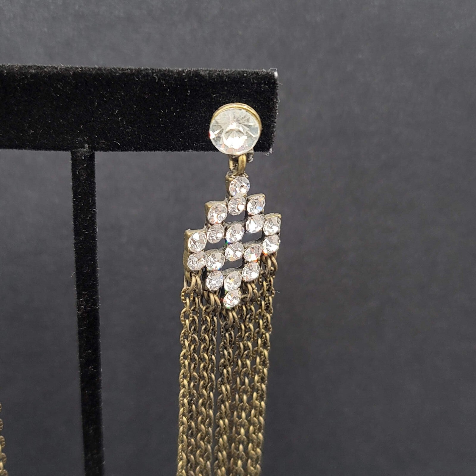 Pierced Earrings Bronze tone Sparkle Rhinestone Chain Dangle Long 4.5"