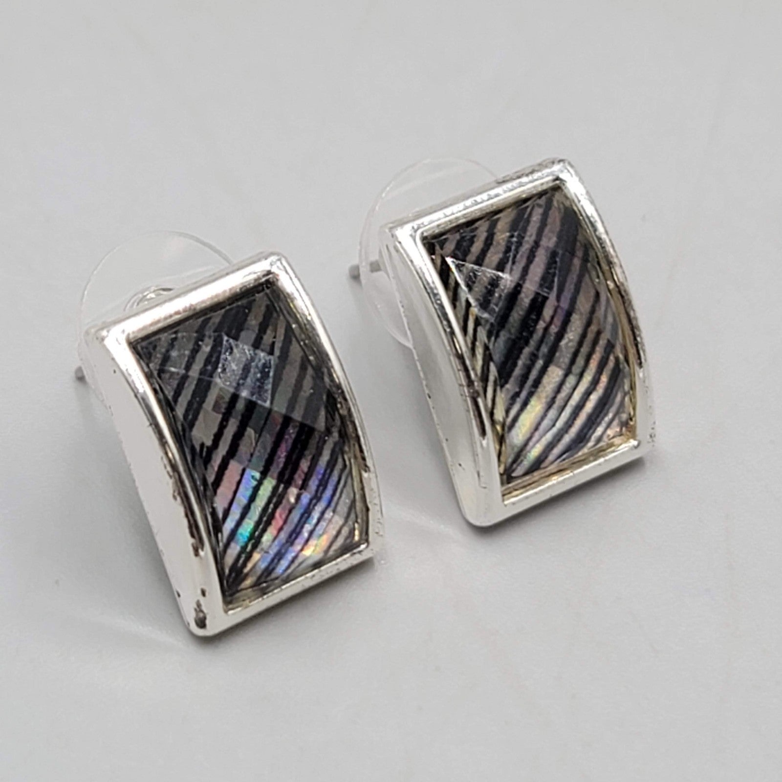 Silver  tone Drop Pierced Earrings Multicolor Striped Acrylic Rectangle 5/8"
