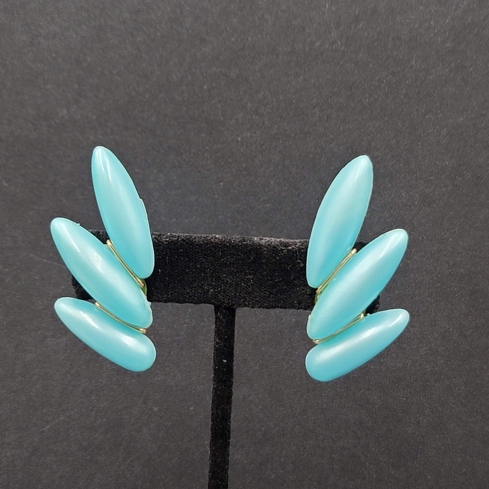 Vintage Clip on Earrings Lightweight Plastic Blue Climber W Germany 1 7/8"