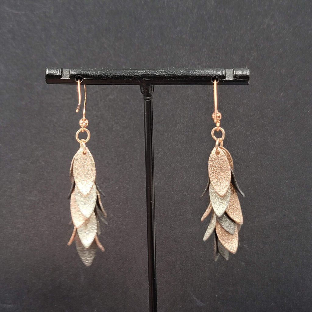 Pierced Earrings Tricolor Gunmetal Silver Rose Gold Dangle Leaves 1 5/8"
