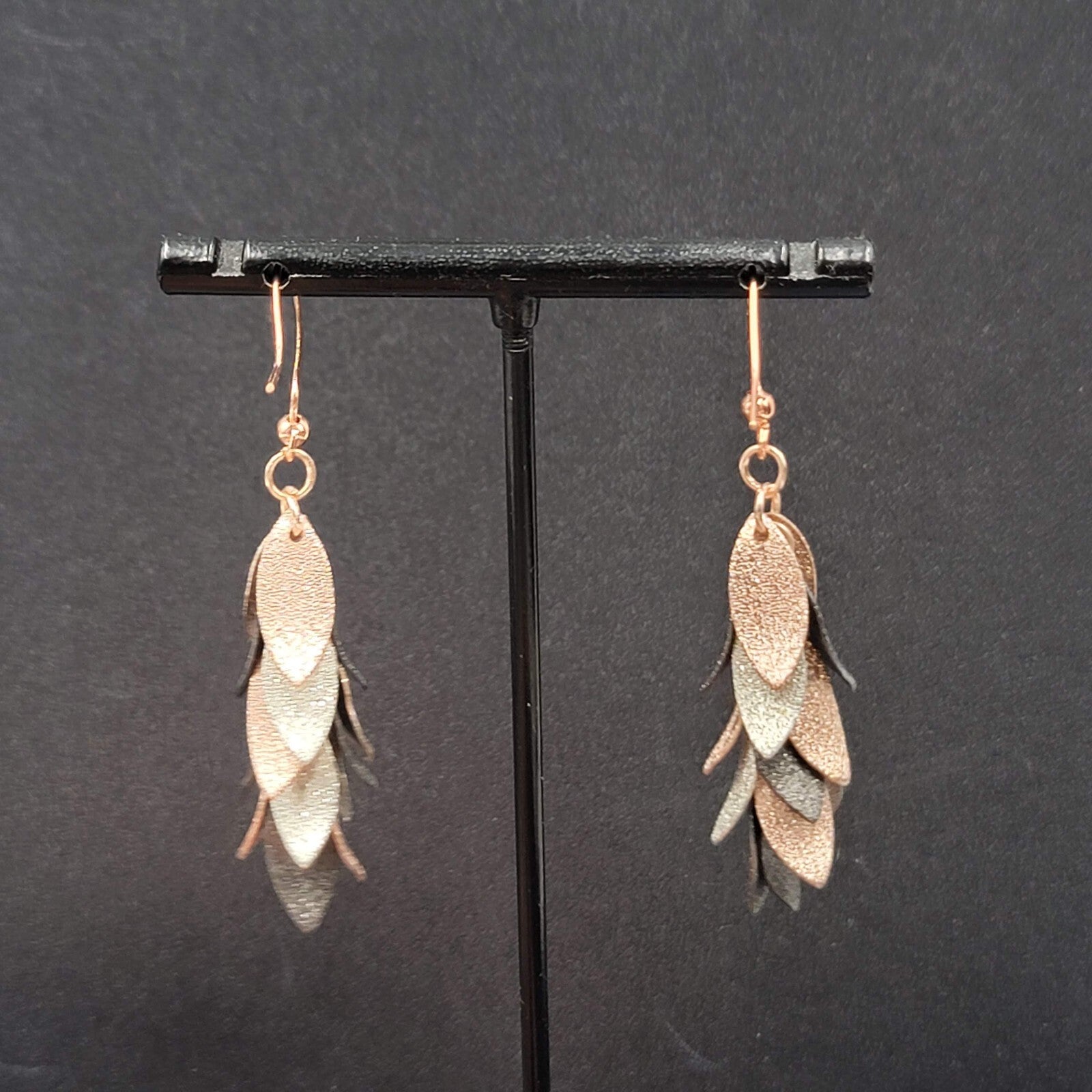 Pierced Earrings Tricolor Gunmetal Silver Rose Gold Dangle Leaves 1 5/8"