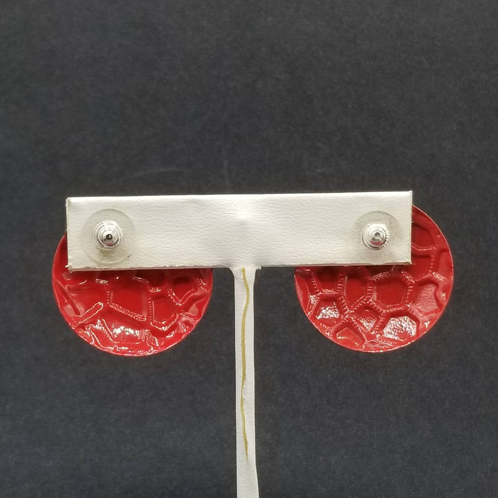 Vintage 1980's Pierced Earrings Red Enamel Textured Dome Drop 1 1/4"