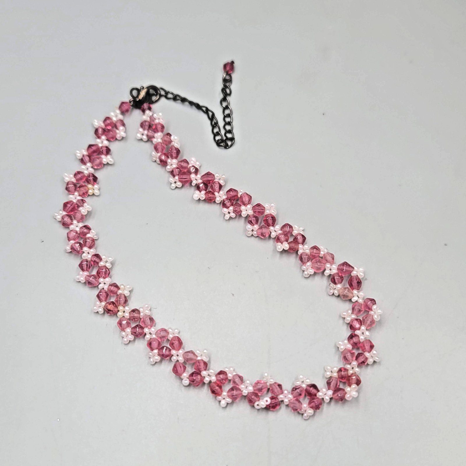 Pink Seed Bead Flower Choker Necklace 12"-15"