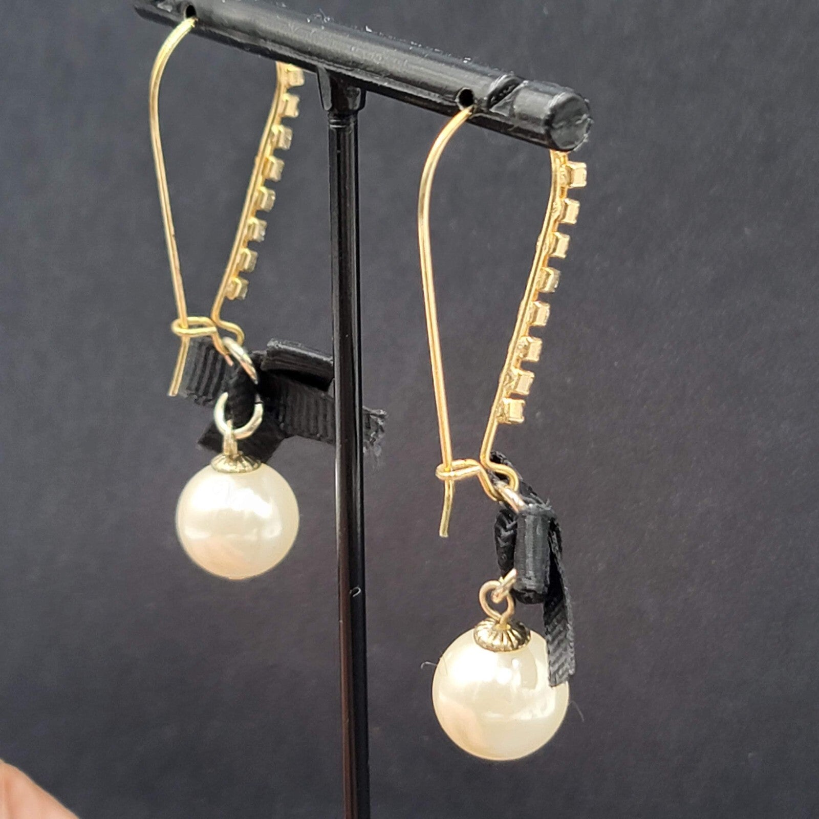 Pierced Earrings Gold tone Rhinestone Faux Pearl Black Grosgrain Ribbon Bow 2"