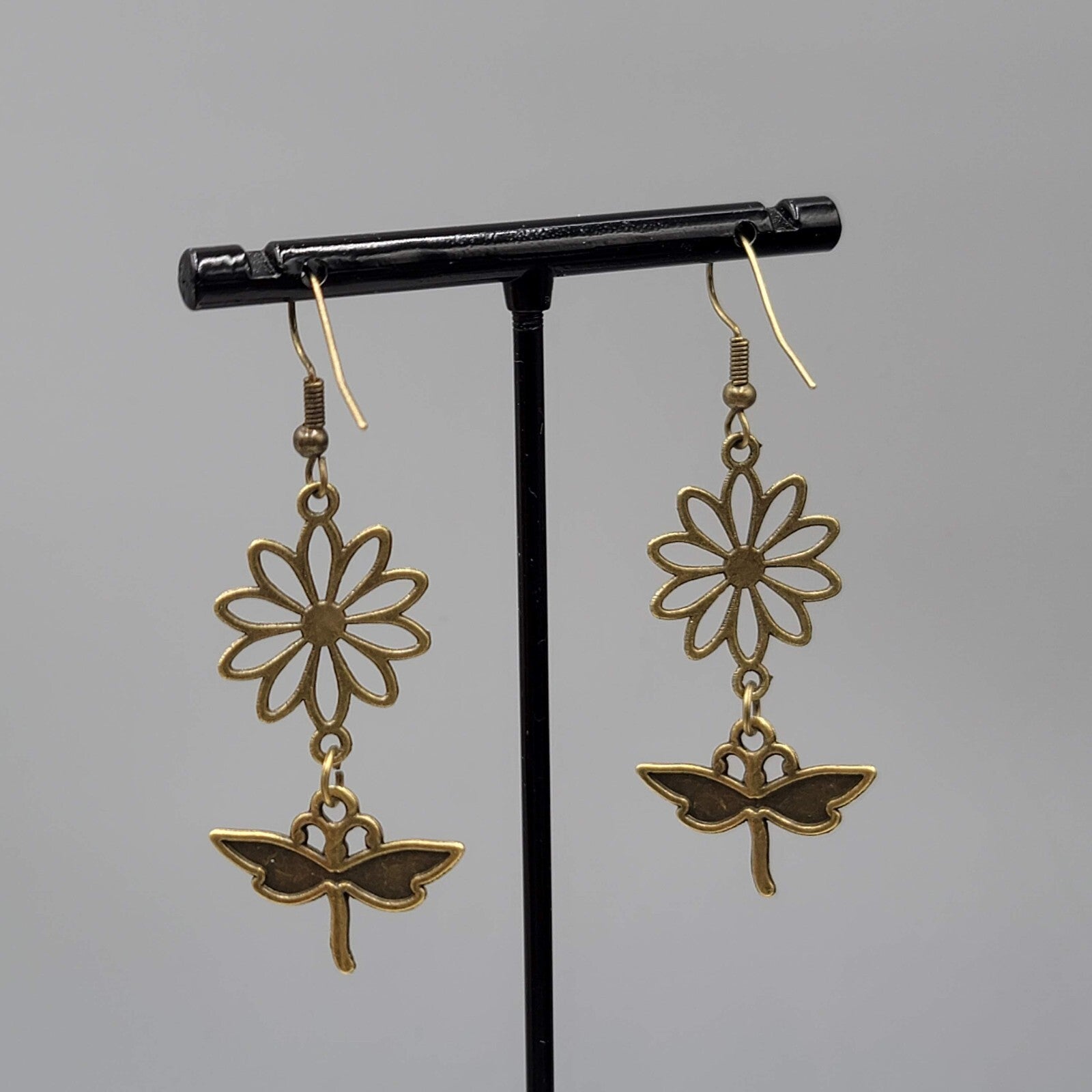 Dragonfly Flower Pierced Earrings Bronze tone Dangle NEW 1 5/8"