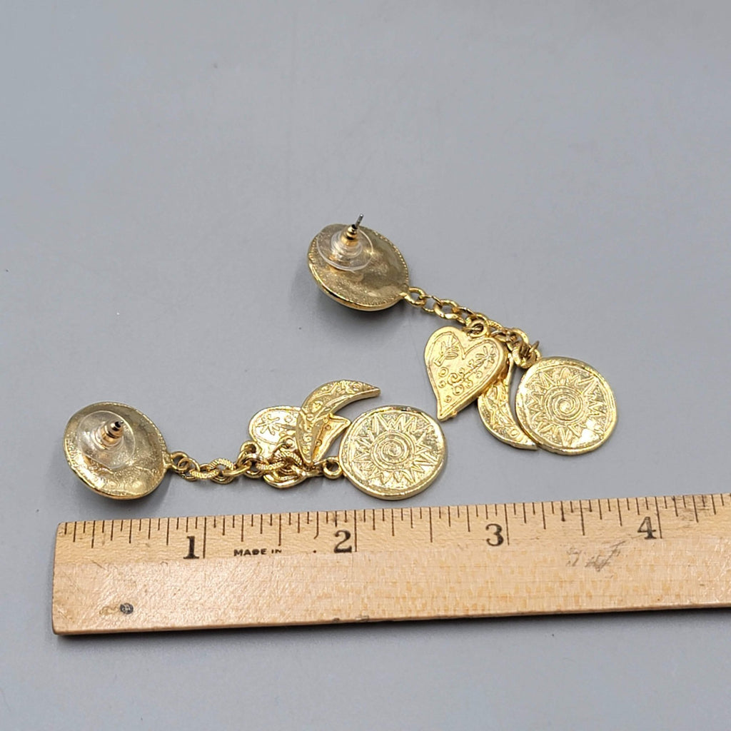 Vintage Heart Moon Sun Pierced Earrings Gold tone Dangle 2.5 in