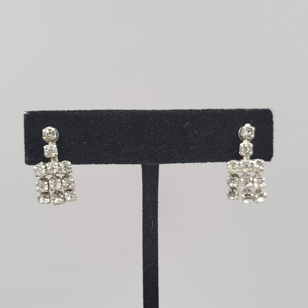 Vintage Dangle Rhinestone Clip on Earrings Silver tone Screw Back 3/4"