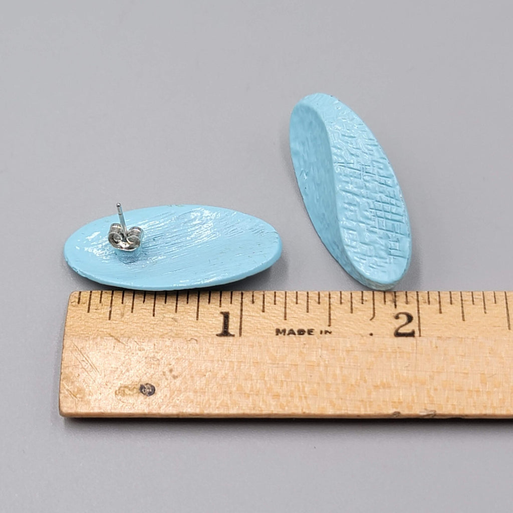 Vintage Light Blue Enamel Pierced Earrings Textured Oval Drop 1.25"