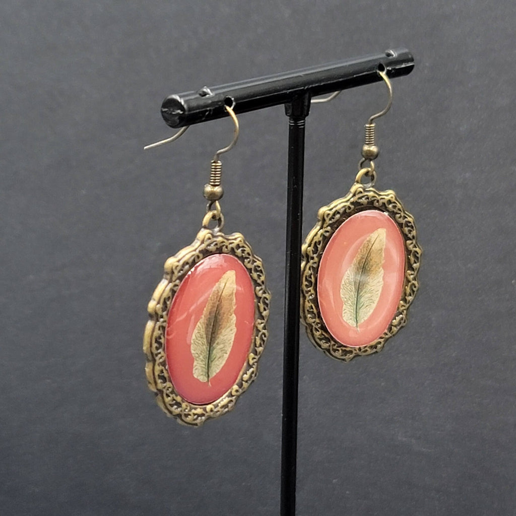 Pierced Earrings Bronze tone Oval Dangle Leaf Design Dangle 1 3/8"