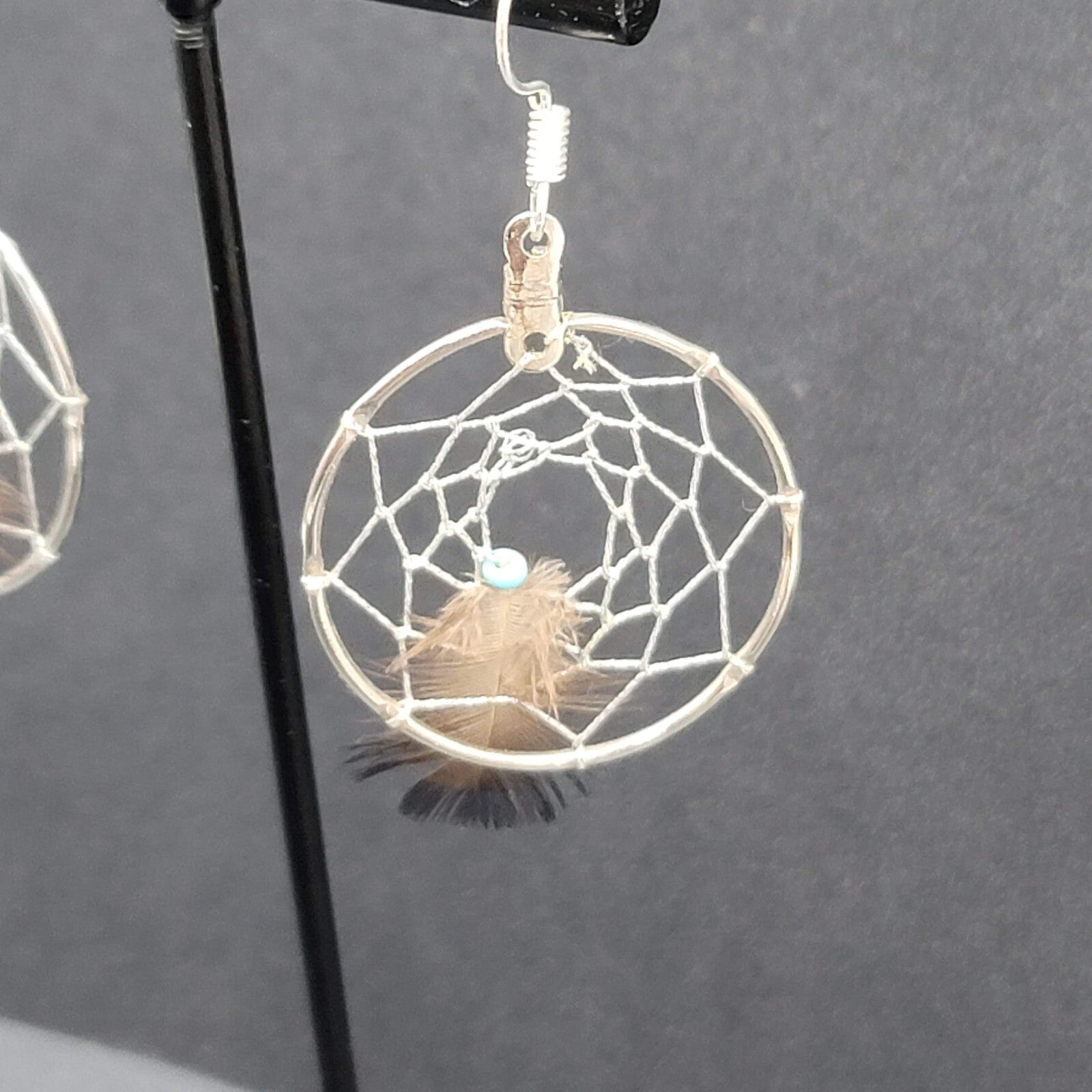 Vintage Pierced Earrings Silver tone Dreamcatcher Real Feather  1.5"