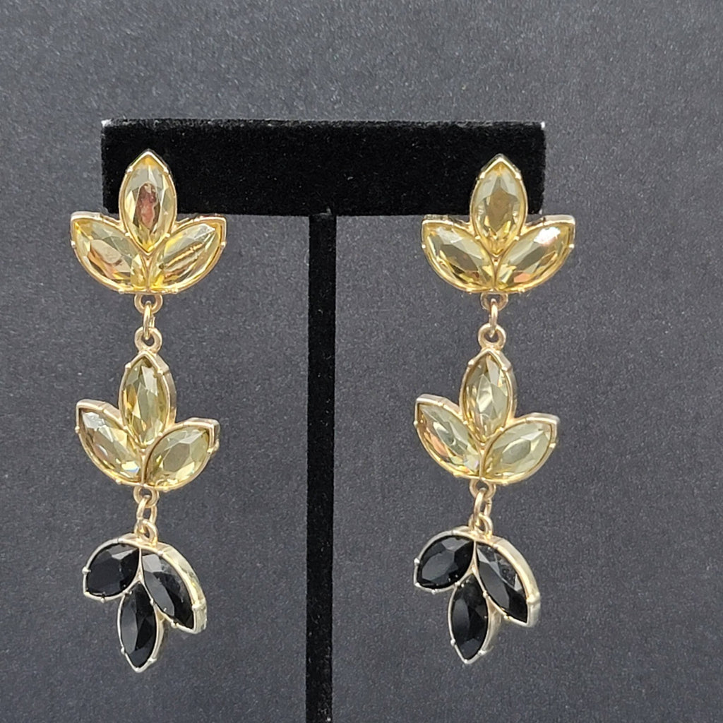 Pierced Earrings Gold tone Statement Rhinestone Long Dangle 3.25"
