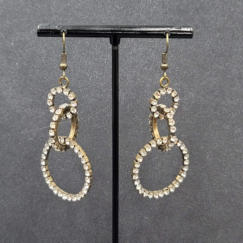 Pierced Earrings Bronze tone Concentric Circles Crystal Studded Dangle  2"