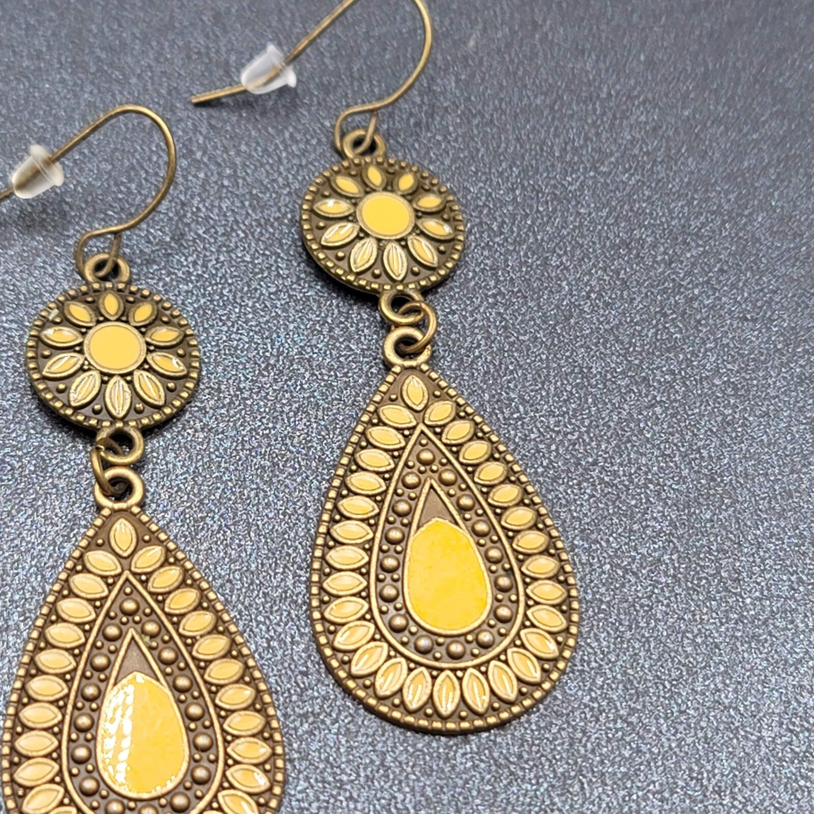New Boho Pierced Earrings Antiqued Gold tone Lt Orange Enamel Teardrop Dangle 2"