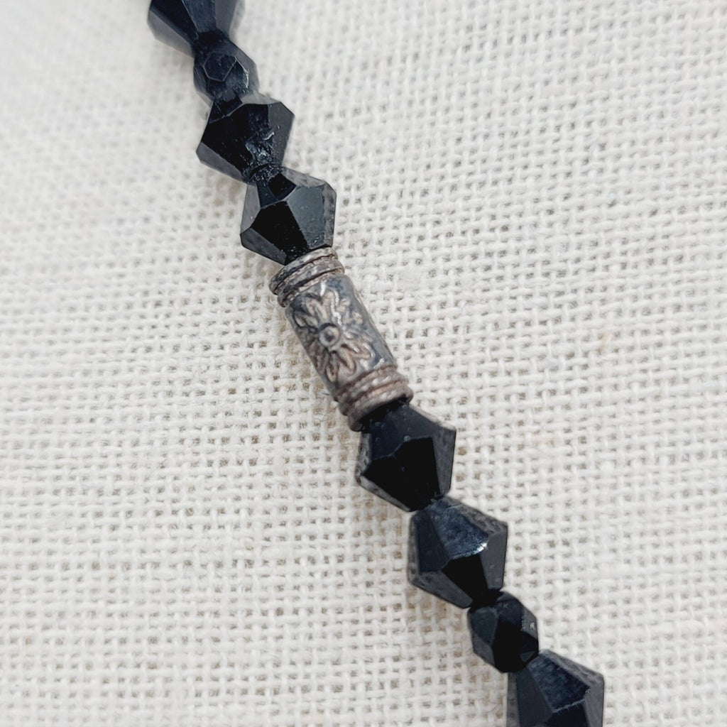 Vintage Necklace Black Rivoli Glass Beaded 16"