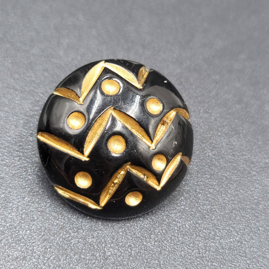 Vintage Pierced Earrings Wood Black Gold Painted Dome Button Stud  1.25"