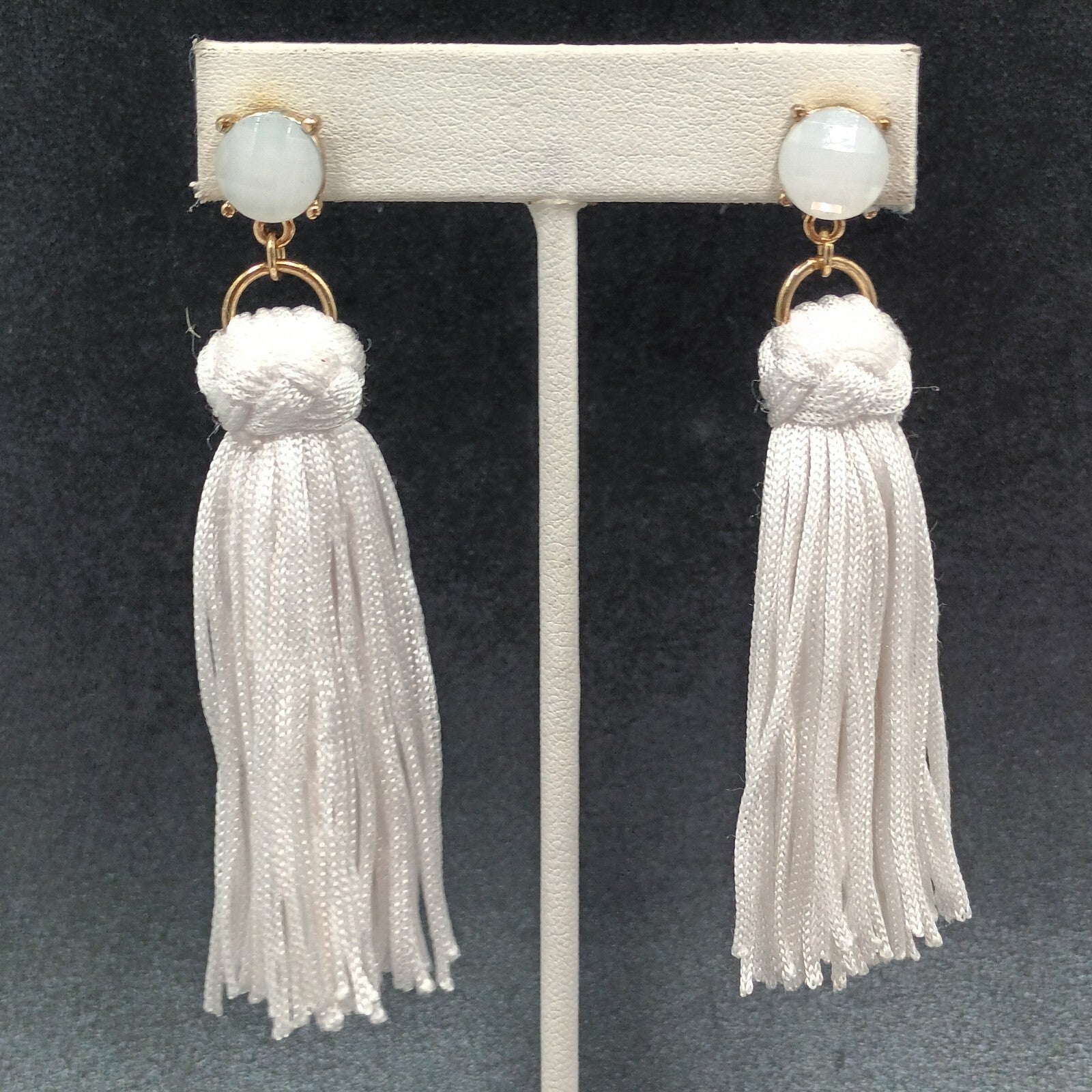 Pierced Earrings white Tassel Gold tone Faceted Glass Statement Dangle 3 1/4"