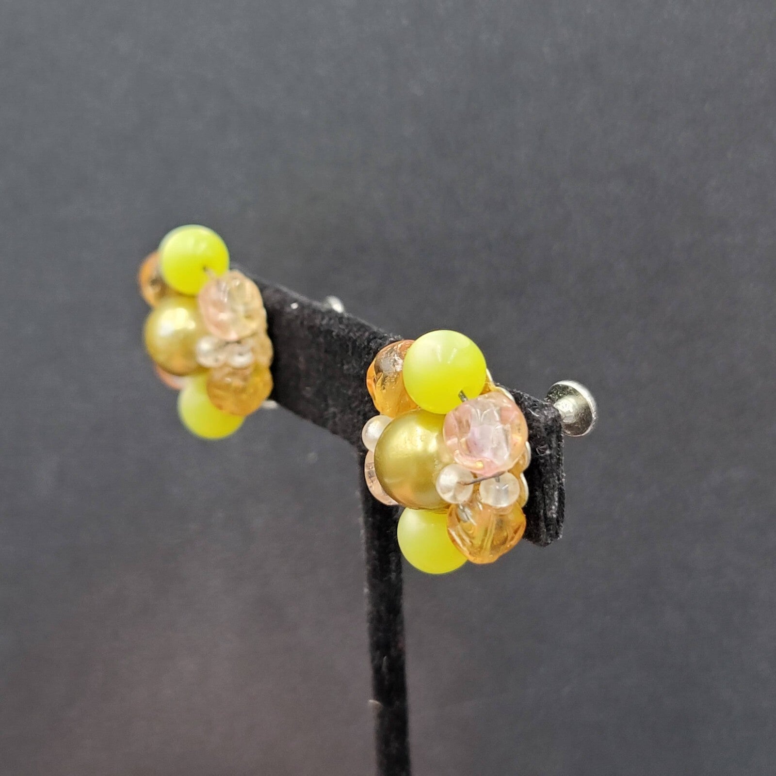 Vintage Clip on Earrings Yellow Green Pink Acrylic Cluster Bead Studs 1"