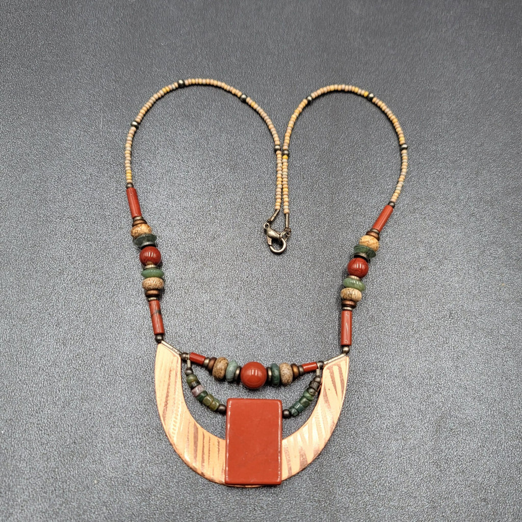 Artisan Necklace Handmade Gemstone Beaded Copper Pendant 20.5" Signed AE