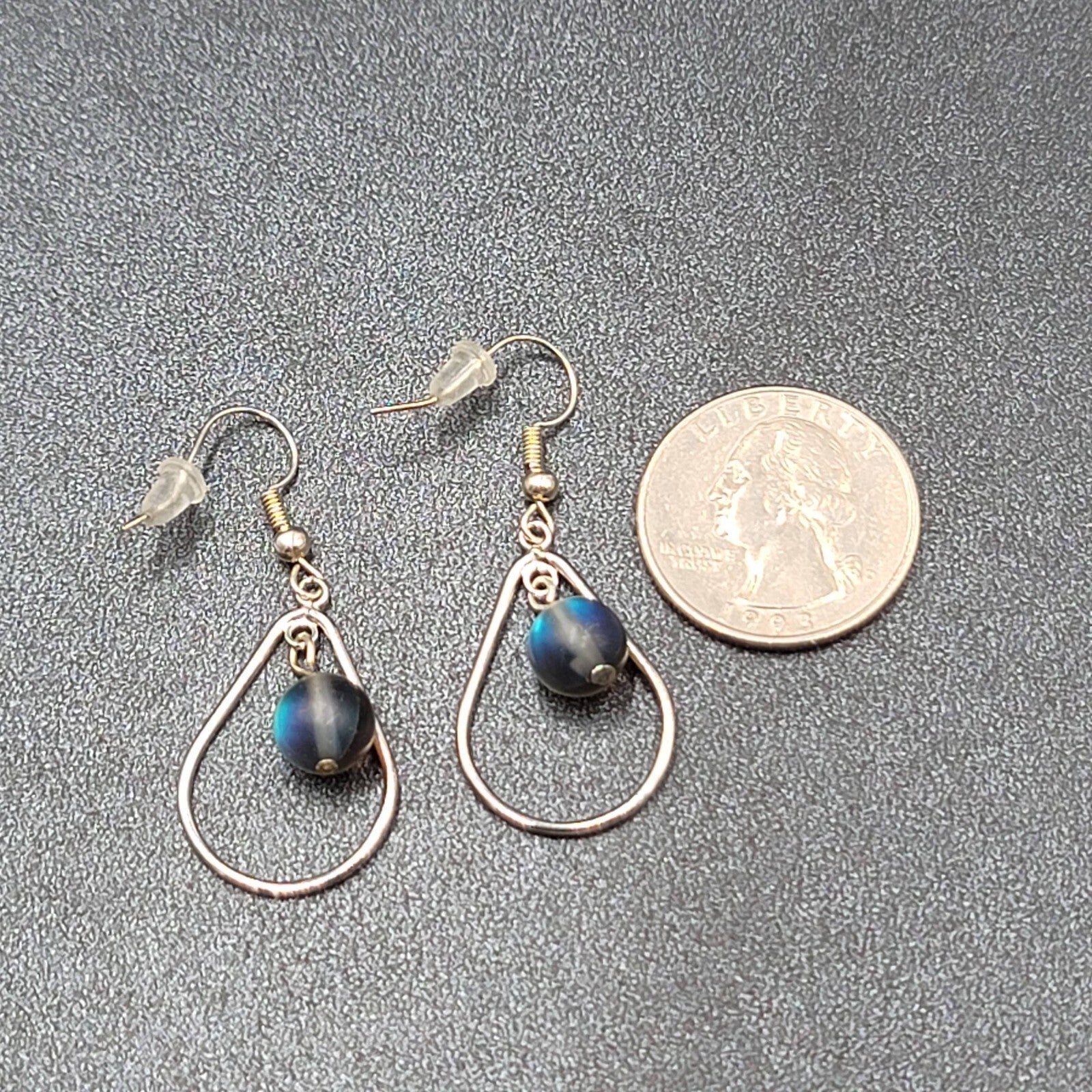 Pierced Earrings Silver tone Blue Gray Bead Teardrop Dangle 1 1/8"