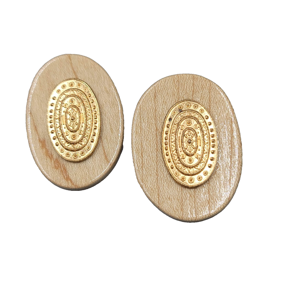 Large Wood Statement Pierced Earrings Oval Drop Gold tone 1.5"