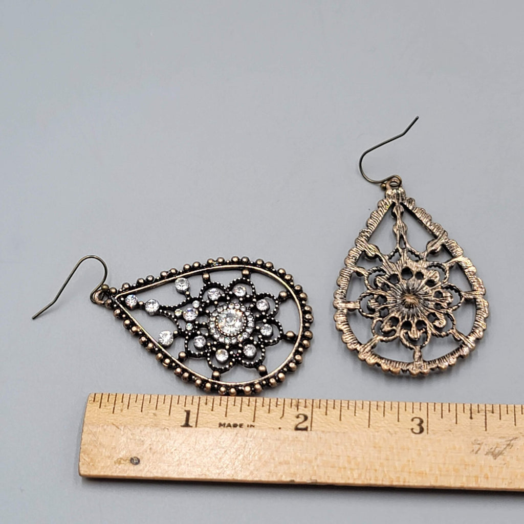 Teardrop Pierced Earrings Bronze tone Rhinestone Dangle 2"