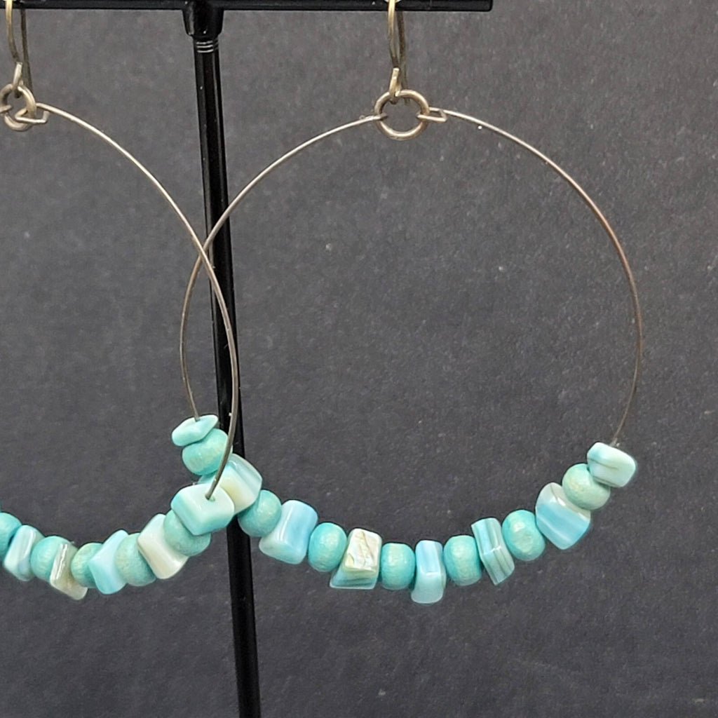 Pierced Earrings Bronze tone Blue Shell and Wood Bead Hoops  2"