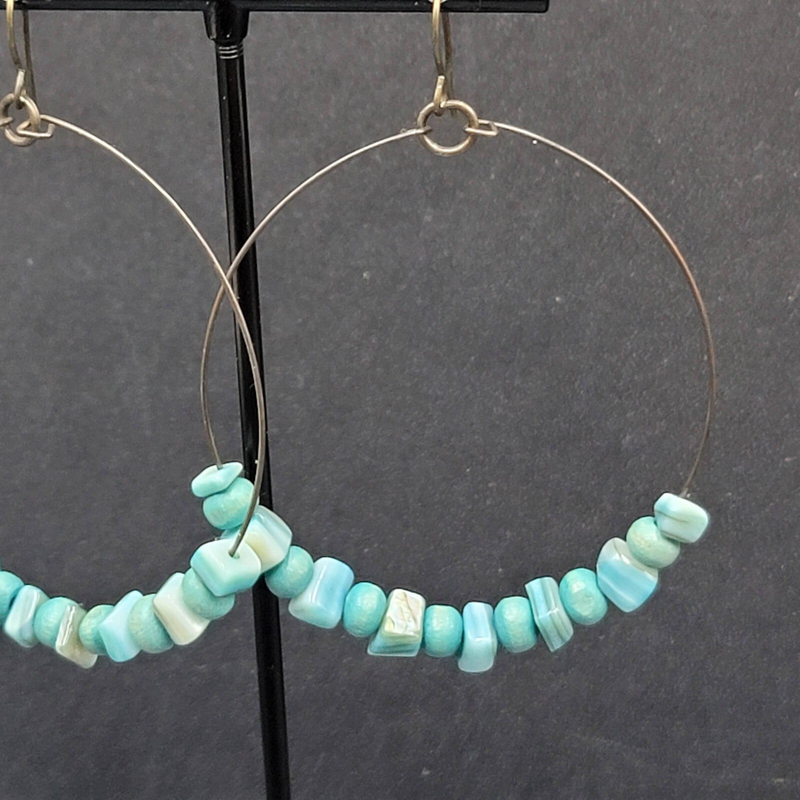Pierced Earrings Bronze tone Blue Shell and Wood Bead Hoops  2"