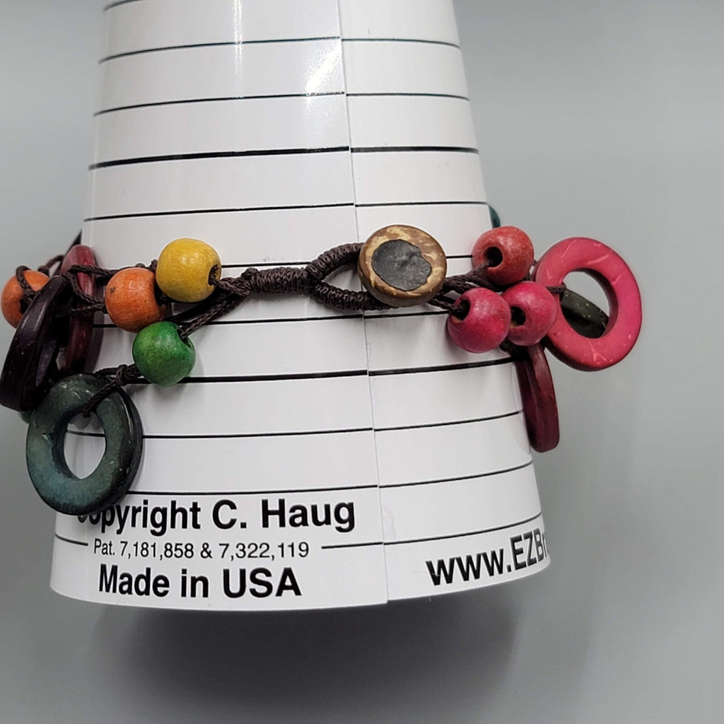 Multicolor Coconut Shell and Wood Bead Bracelet Button Closure 7.5"