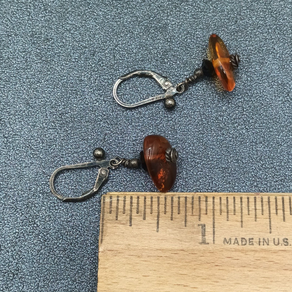 Pierced Earrings Black Metal Amber Beaded Dangle 1/2"