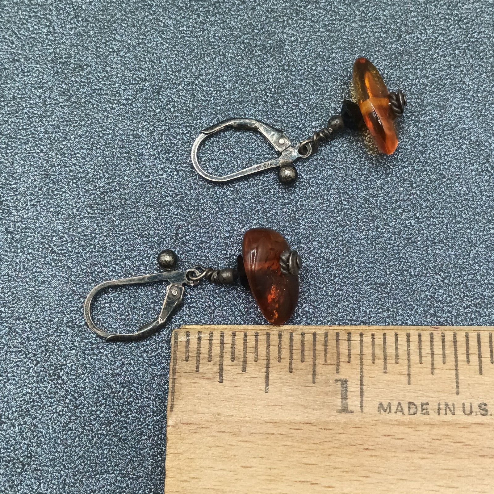 Pierced Earrings Black Metal Amber Beaded Dangle 1/2"