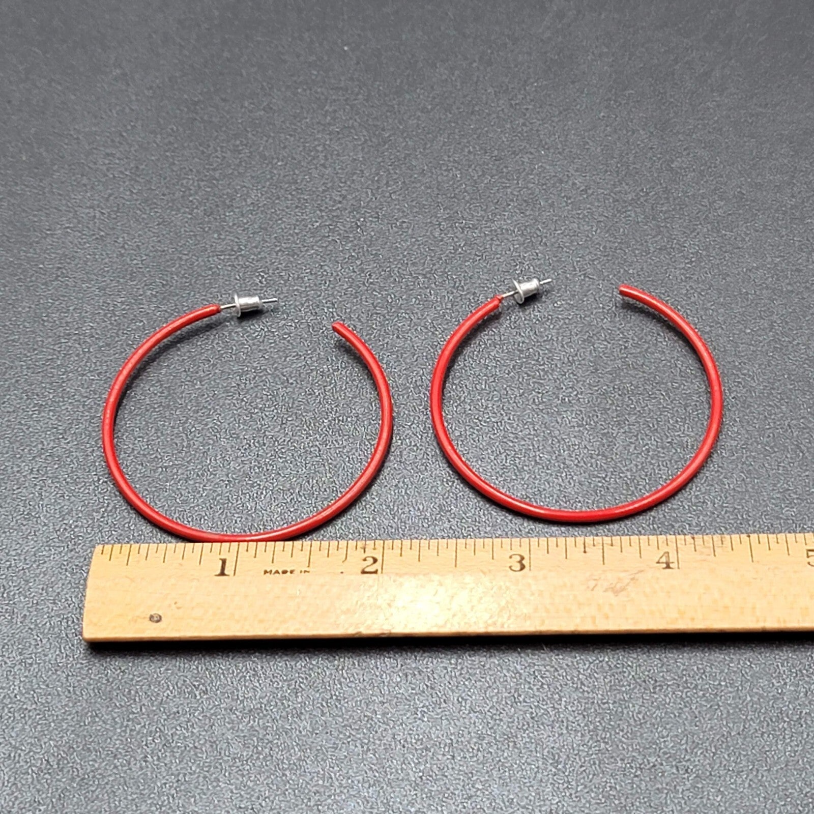 Pierced Earrings Red Enamel over Metal Large Skinny Hoops 2"
