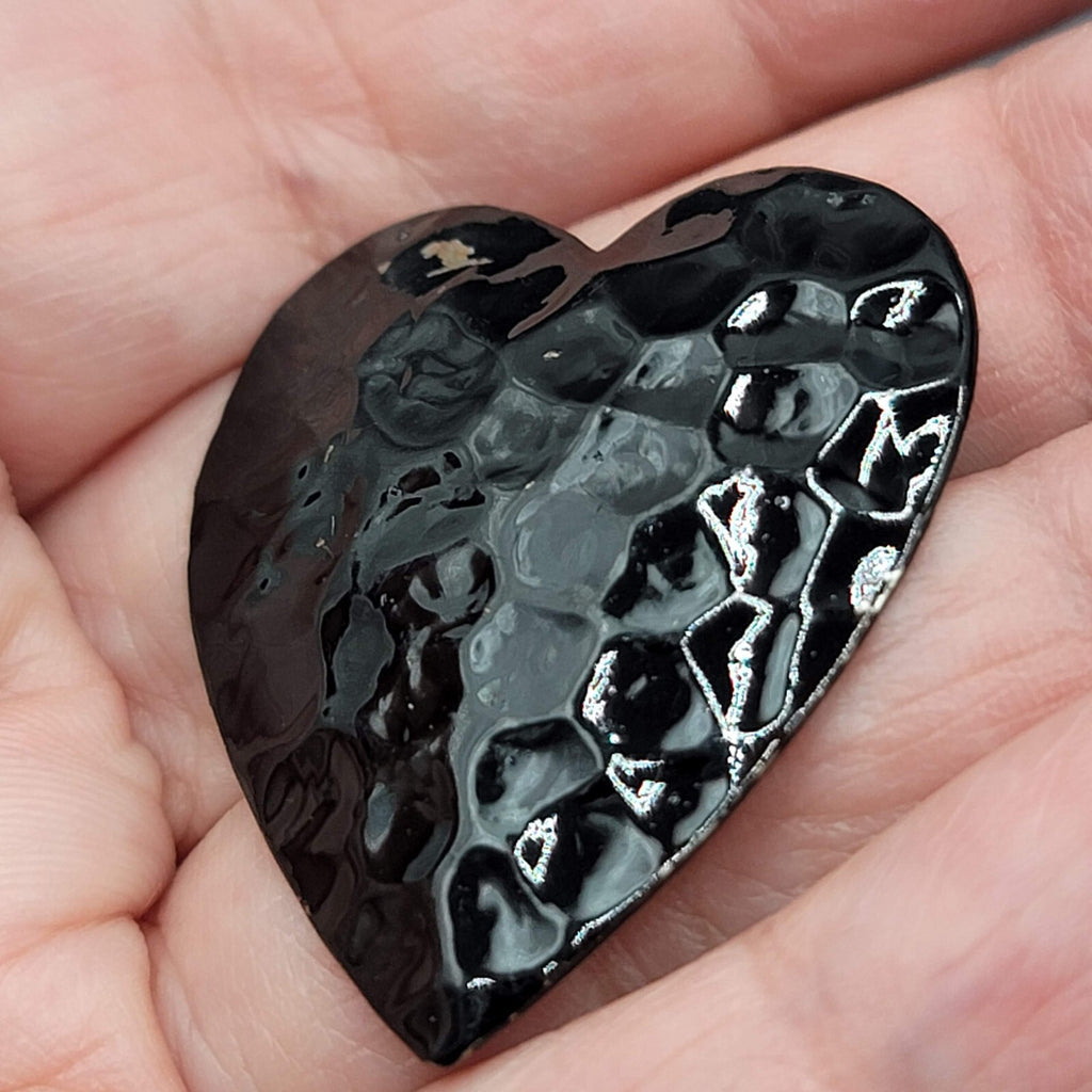 Vintage Heart Pierced Earrings Black Enamel Hammered Metal 1 3/8"