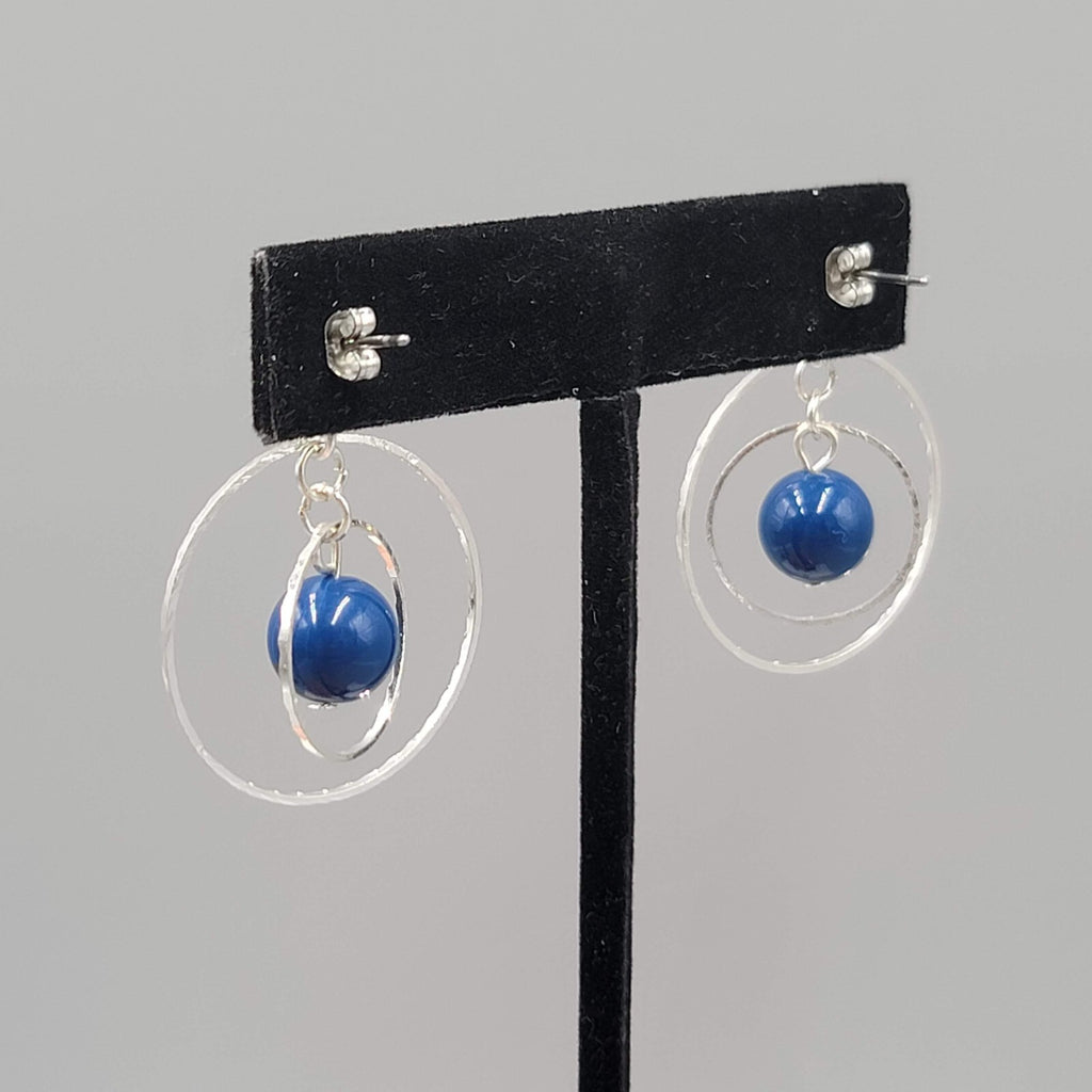 Dangle Circles Pierced Earrings Silver tone Blue Bead 1.25"