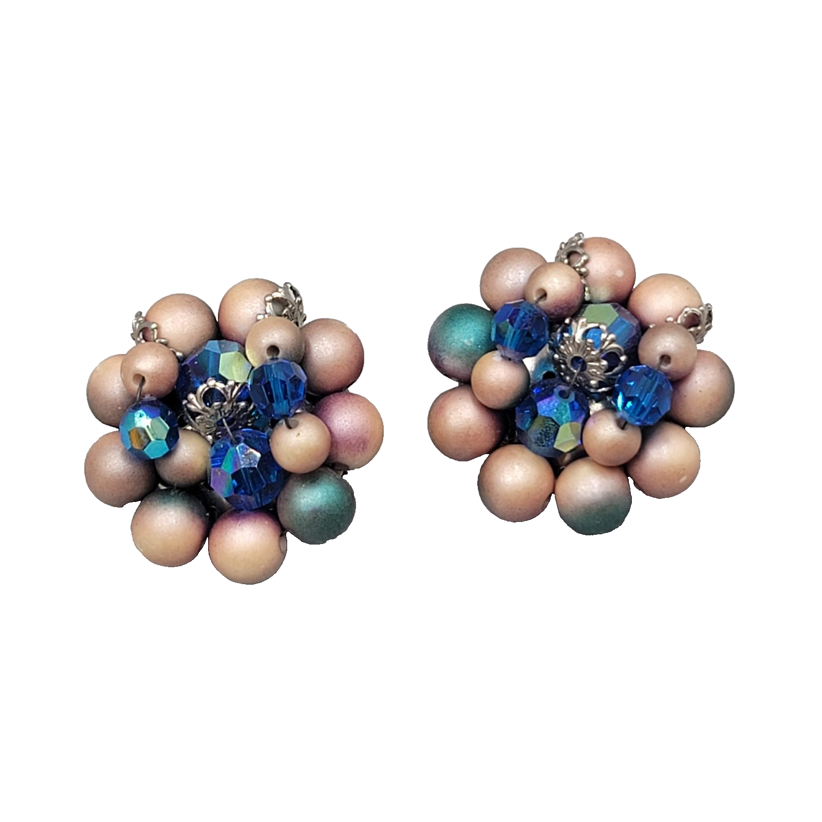 Vintage Blue Tan Cluster Bead Clip on Earrings Silver tone Filigree 1.25 in